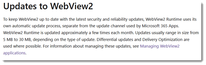 Screenprint of Microsoft Documentation about WebView2 updates
