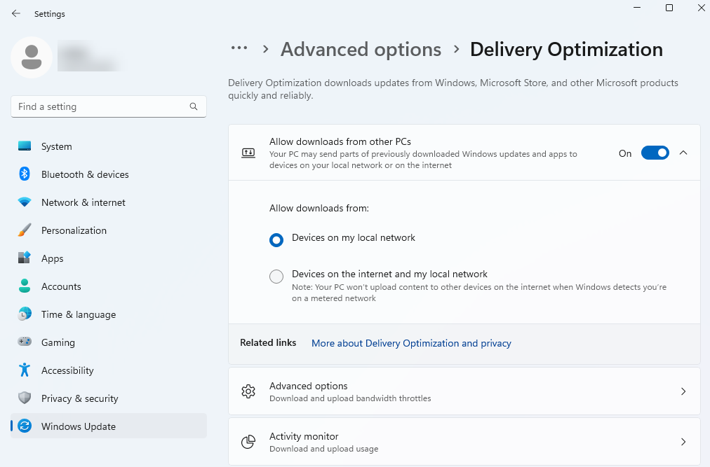 Screenprint of Delivery Optimization settings