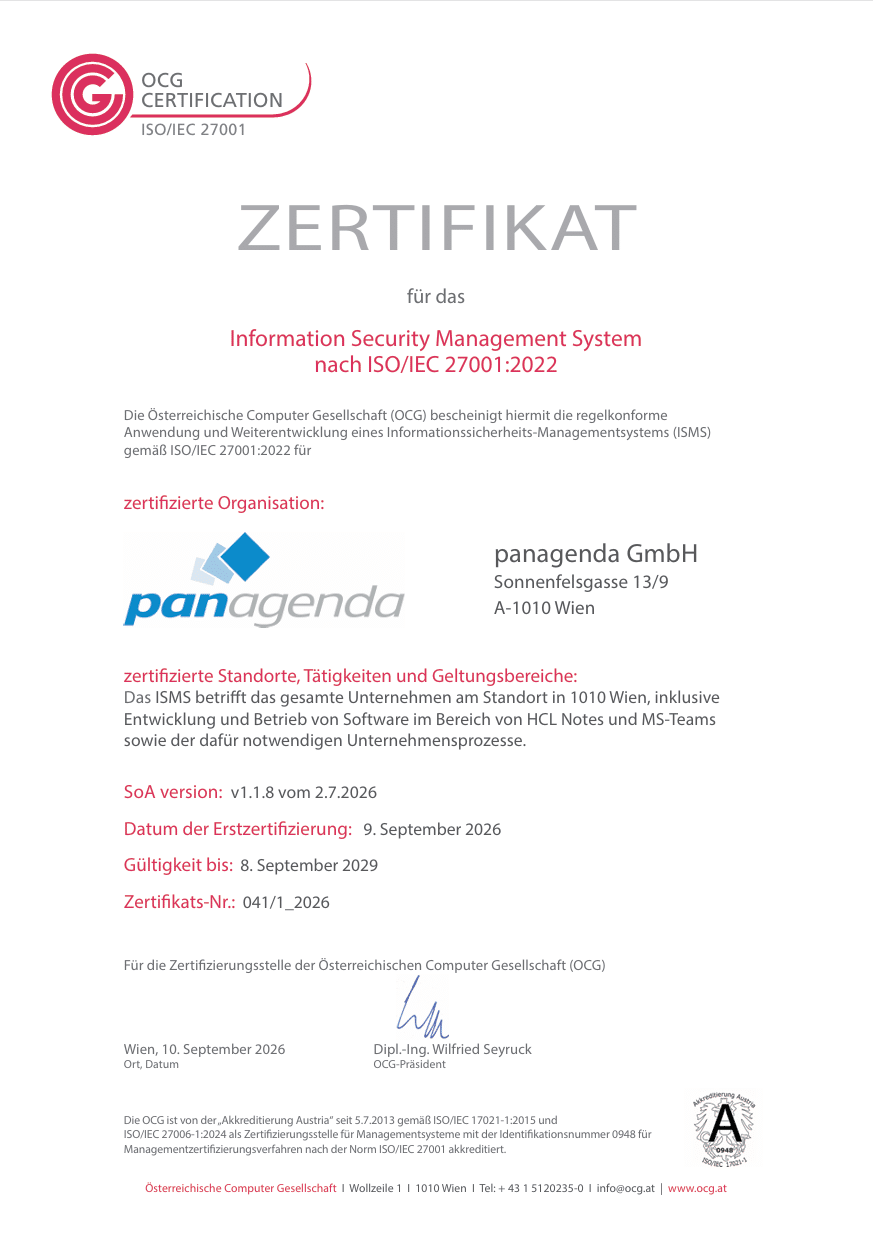 panagendas ISO 27001 certificate , issued by ÖCG 09.09.2026